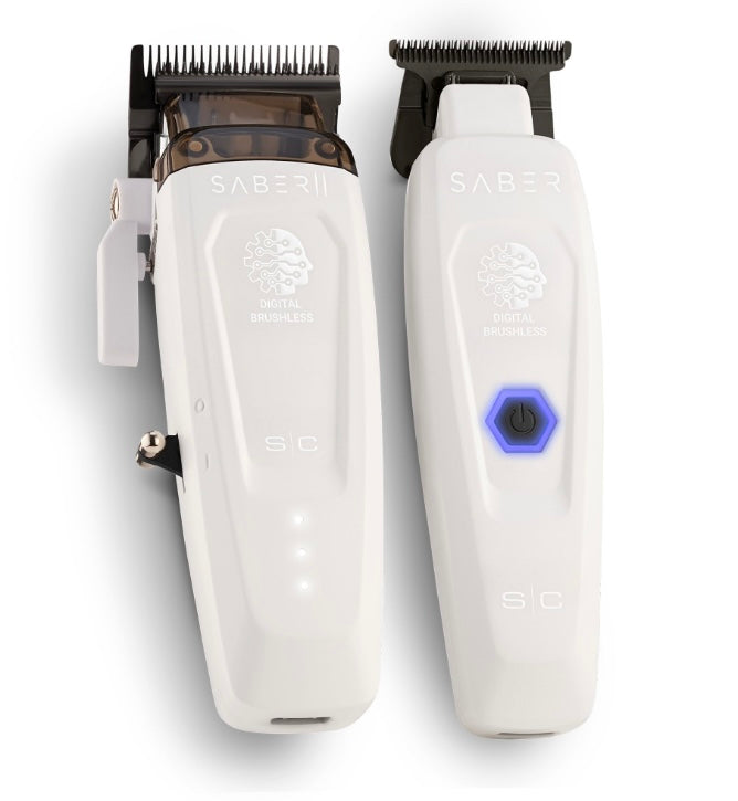 StyleCraft Saber II Clipper & Saber Trimmer Combo White - Free Barber Plug comb brush (PREORDER)